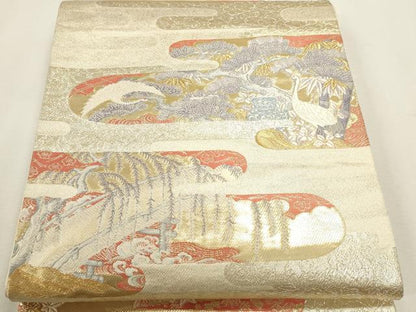 平和屋本店▼六通柄袋帯　霞松鶴献上紋　本金箔　正絹　逸品　DABK5783sf