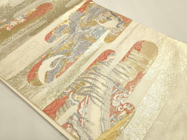 平和屋本店▼六通柄袋帯　霞松鶴献上紋　本金箔　正絹　逸品　DABK5783sf