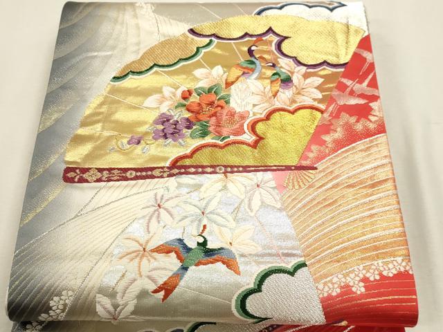 平和屋本店▼両面　六通柄袋帯　唐織　扇面琴桂紋　本金箔24Ｋ　正絹　逸品　DABK5790sf