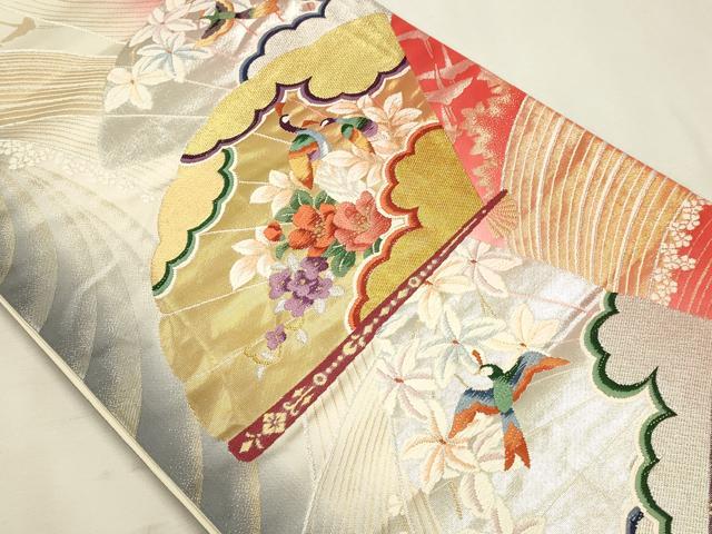 平和屋本店▼両面　六通柄袋帯　唐織　扇面琴桂紋　本金箔24Ｋ　正絹　逸品　DABK5790sf