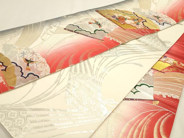 平和屋本店▼両面　六通柄袋帯　唐織　扇面琴桂紋　本金箔24Ｋ　正絹　逸品　DABK5790sf
