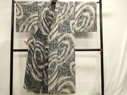 平和屋着物∴夏物　男性　浴衣　変わり間道　黒地　綿　逸品　DABK5903sf