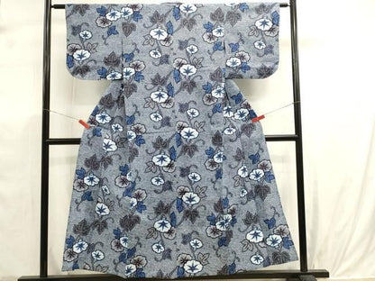 平和屋着物∴夏物　浴衣　リップル生地　手縫い　草花文　綿　逸品　DABK5914sf