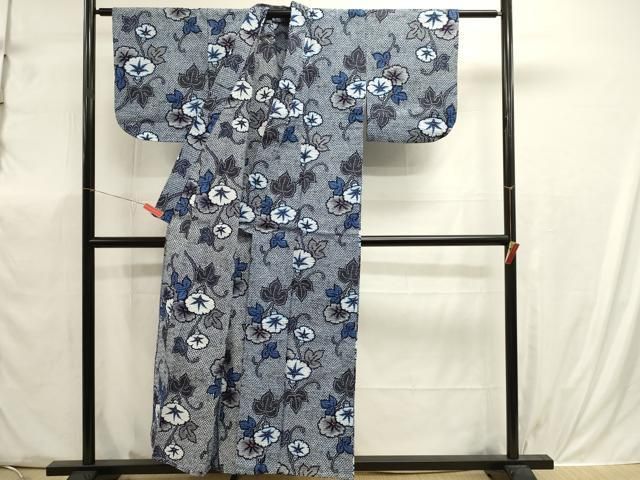 平和屋着物∴夏物　浴衣　リップル生地　手縫い　草花文　綿　逸品　DABK5914sf