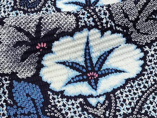 平和屋着物∴夏物　浴衣　リップル生地　手縫い　草花文　綿　逸品　DABK5914sf