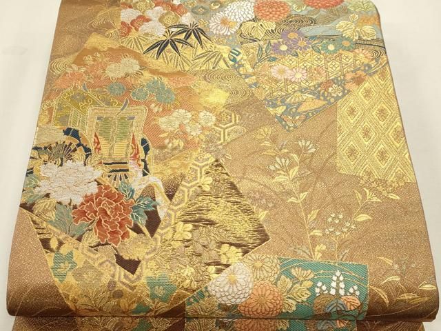 平和屋本店▼六通柄袋帯　御所車色紙花文　本金箔　正絹　逸品　DABK5945sf
