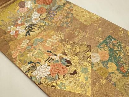 平和屋本店▼六通柄袋帯　御所車色紙花文　本金箔　正絹　逸品　DABK5945sf