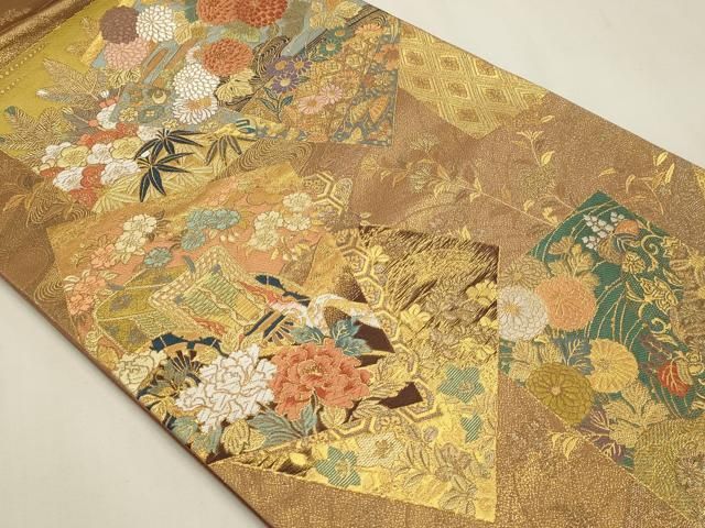 平和屋本店▼六通柄袋帯　御所車色紙花文　本金箔　正絹　逸品　DABK5945sf