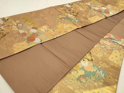 平和屋本店▼六通柄袋帯　御所車色紙花文　本金箔　正絹　逸品　DABK5945sf