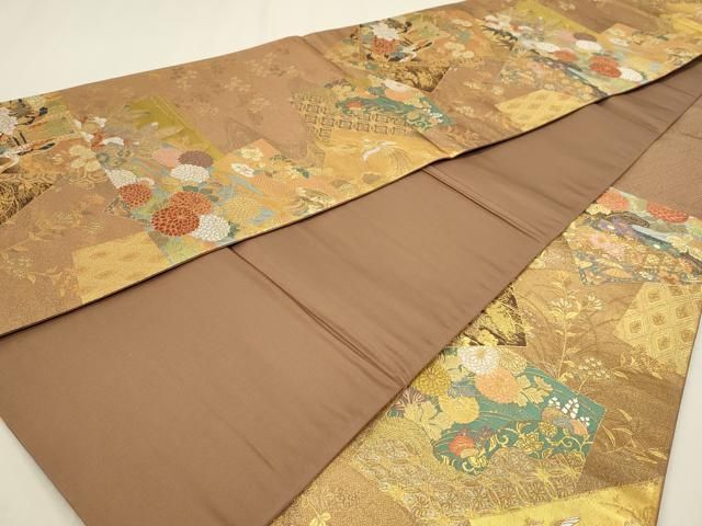 平和屋本店▼六通柄袋帯　御所車色紙花文　本金箔　正絹　逸品　DABK5945sf
