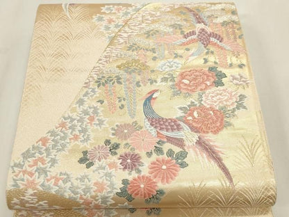平和屋本店▼六通柄袋帯　唐織　山取花鳥文　本金二重箔　正絹　逸品　DABK5948sf