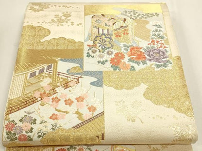 平和屋本店▼六通柄袋帯　唐織　御所車花文　本金箔　正絹　逸品　DABK5971sf