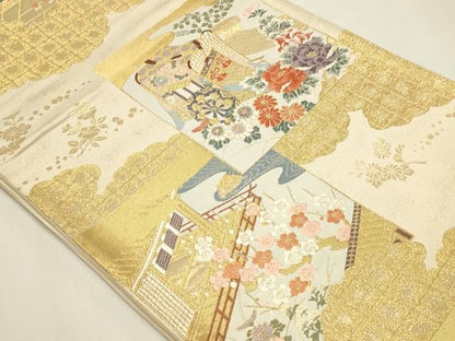 平和屋本店▼六通柄袋帯　唐織　御所車花文　本金箔　正絹　逸品　DABK5971sf