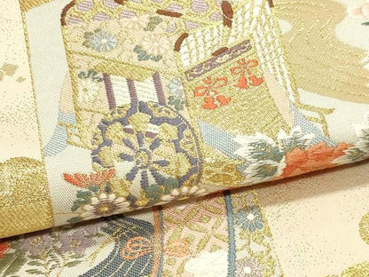 平和屋本店▼六通柄袋帯　唐織　御所車花文　本金箔　正絹　逸品　DABK5971sf
