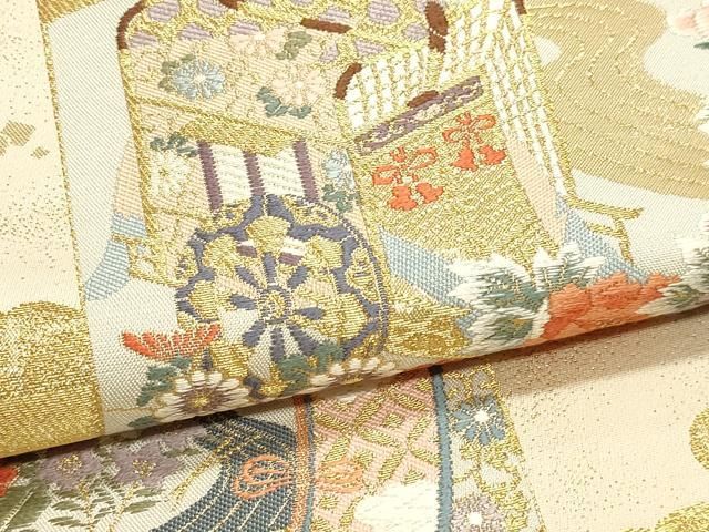 平和屋本店▼六通柄袋帯　唐織　御所車花文　本金箔　正絹　逸品　DABK5971sf