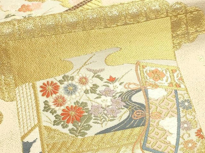 平和屋本店▼六通柄袋帯　唐織　御所車花文　本金箔　正絹　逸品　DABK5971sf