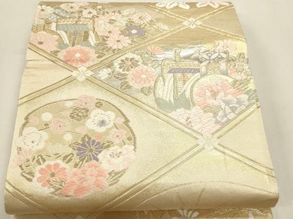 平和屋本店▼六通柄袋帯　唐織　御所車花文　本金箔二重織　正絹　逸品　DABK5989sf