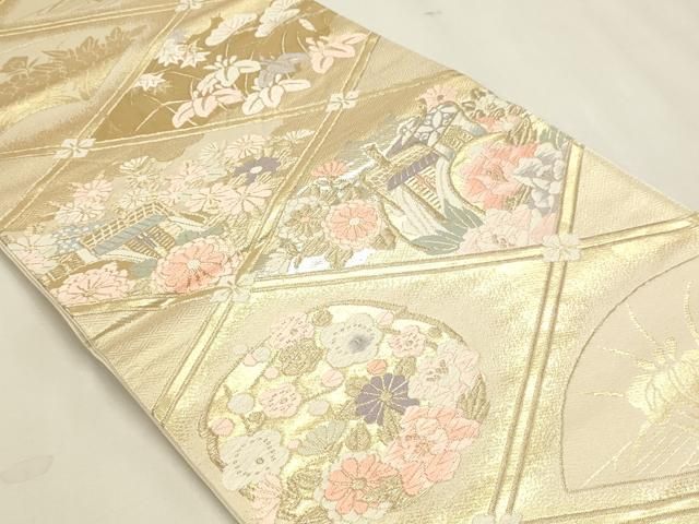 平和屋本店▼六通柄袋帯　唐織　御所車花文　本金箔二重織　正絹　逸品　DABK5989sf