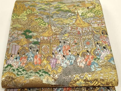 平和屋本店▼西陣　廣部商事謹製　全通柄袋帯　京洛祇園祭還幸絵巻　弐拾四金箔使用　短冊付き　正絹　逸品　DABK5993sf