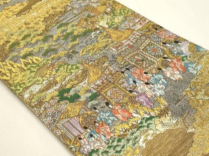 平和屋本店▼西陣　廣部商事謹製　全通柄袋帯　京洛祇園祭還幸絵巻　弐拾四金箔使用　短冊付き　正絹　逸品　DABK5993sf