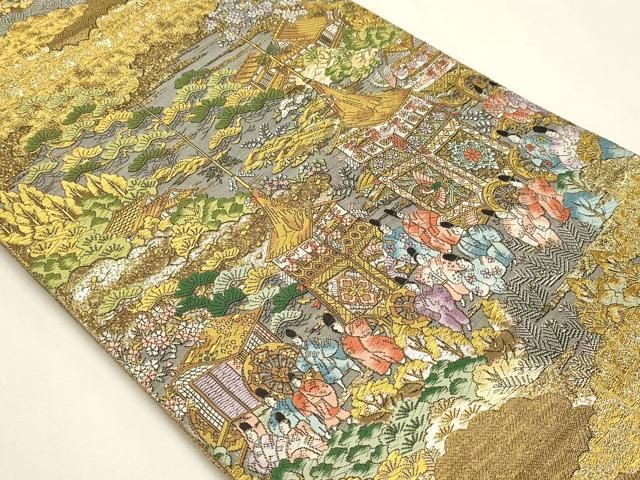 平和屋本店▼西陣　廣部商事謹製　全通柄袋帯　京洛祇園祭還幸絵巻　弐拾四金箔使用　短冊付き　正絹　逸品　DABK5993sf
