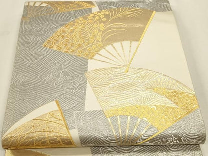 平和屋本店▼六通柄袋帯　秋草扇面　本金プラチナ二重箔　正絹　逸品　DABK5997sf