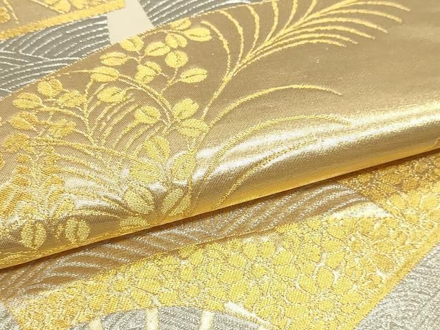 平和屋本店▼六通柄袋帯　秋草扇面　本金プラチナ二重箔　正絹　逸品　DABK5997sf