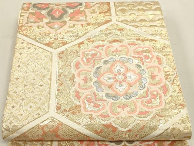 平和屋本店▼六通柄袋帯　亀甲取華紋　プラチナ箔　24ｋ本金箔　正絹　逸品　DABK5999sf