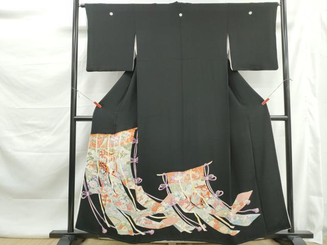 平和屋着物■豪華黒留袖　駒刺繍　几帳御所車飛鶴花文　正絹　逸品　DABK6005qa