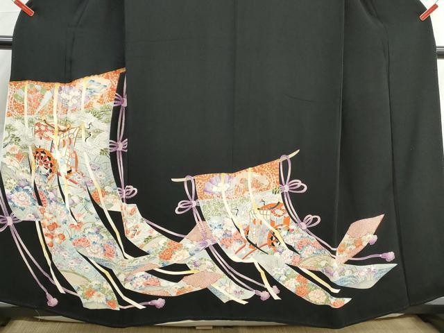 平和屋着物■豪華黒留袖　駒刺繍　几帳御所車飛鶴花文　正絹　逸品　DABK6005qa