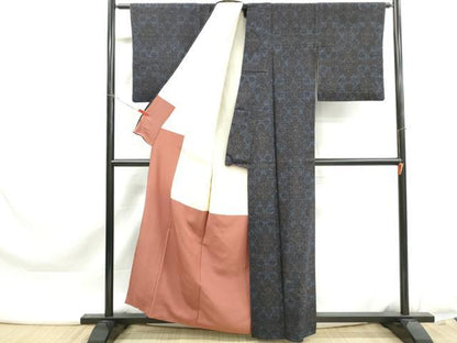 平和屋着物■結城紬　80亀甲　格子花文　正絹　逸品　DABK6019qa