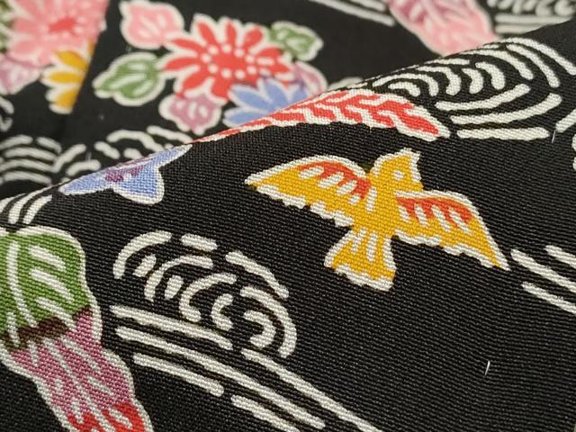 平和屋着物■上質な小紋　型染め　流水花鳥文　黒地　正絹　逸品　DABK6072qa