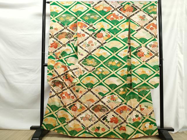 平和屋着物■豪華振袖　駒刺繍　天井扇面花文　金彩　正絹　逸品　DABK6081qa