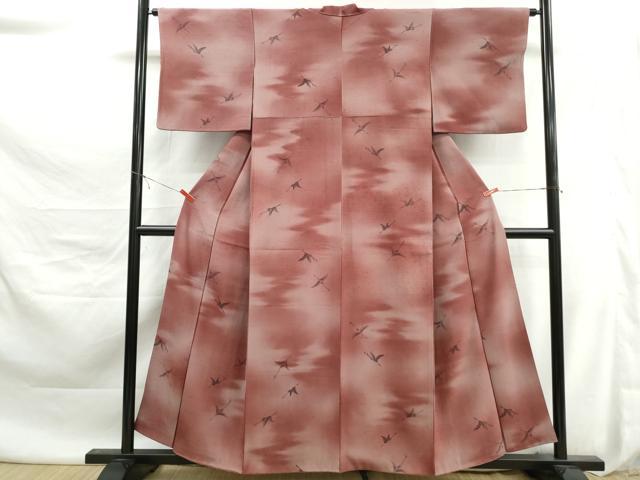 平和屋着物■上質な小紋　型染め　群鶴文　暈し染め　お召縮緬　正絹　逸品　DABK6100qa