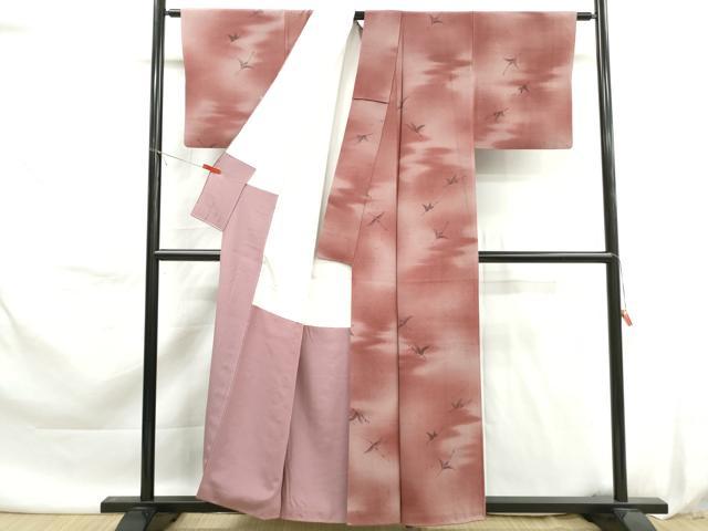 平和屋着物■上質な小紋　型染め　群鶴文　暈し染め　お召縮緬　正絹　逸品　DABK6100qa
