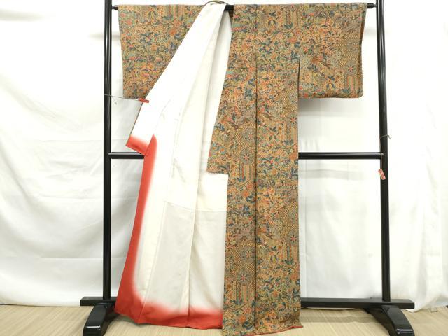 平和屋着物■上質な小紋　切嵌更紗花文　正絹　逸品　DABK6108qa