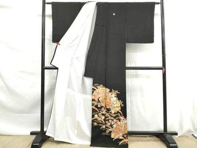 平和屋着物■豪華黒留袖　駒刺繍　地紙御所車花文　金彩　正絹　逸品　DABK6112qa