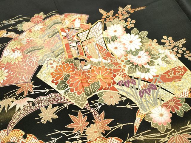 平和屋着物■豪華黒留袖　駒刺繍　地紙御所車花文　金彩　正絹　逸品　DABK6112qa