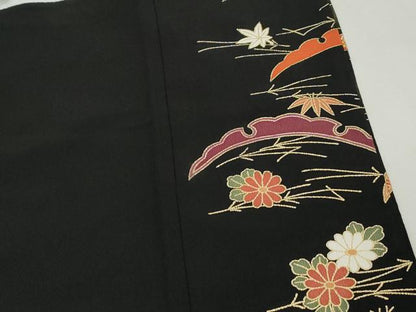 平和屋着物■豪華黒留袖　駒刺繍　地紙御所車花文　金彩　正絹　逸品　DABK6112qa