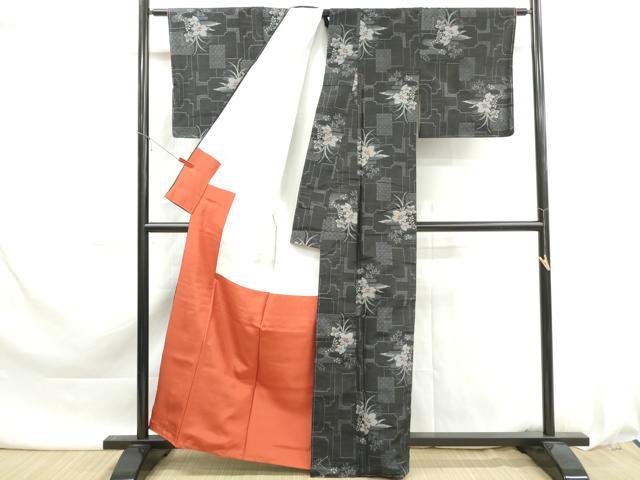 平和屋着物■上質な紬　草花文　黒地　正絹　逸品　DABK6121qa