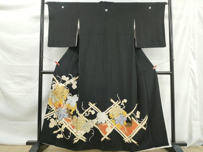 平和屋着物■豪華黒留袖　駒刺繍　枝葉文　金銀糸　正絹　逸品　DABK6132qa