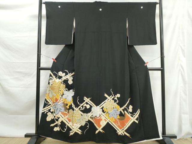 平和屋着物■豪華黒留袖　駒刺繍　枝葉文　金銀糸　正絹　逸品　DABK6132qa
