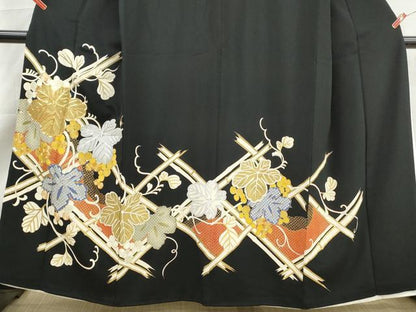 平和屋着物■豪華黒留袖　駒刺繍　枝葉文　金銀糸　正絹　逸品　DABK6132qa