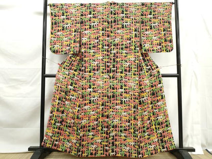 平和屋着物■上質な小紋　笹竹文　黒地　金彩　鬼しぼ縮緬　正絹　逸品　DABK6169qa