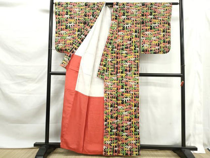 平和屋着物■上質な小紋　笹竹文　黒地　金彩　鬼しぼ縮緬　正絹　逸品　DABK6169qa