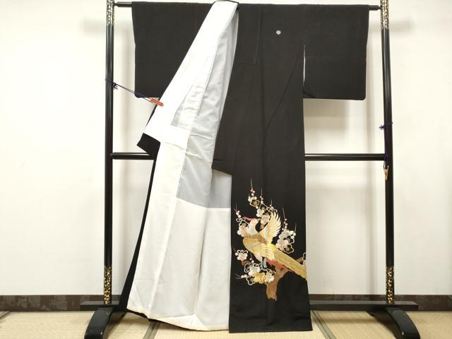 平和屋着物■黒留袖　総刺繍　花鳥松文　金銀糸　洗える着物　DABK6221qa