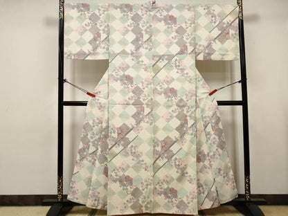 平和屋着物■上質な小紋　御所車格子花文　金彩　正絹　逸品　DABK6252qa