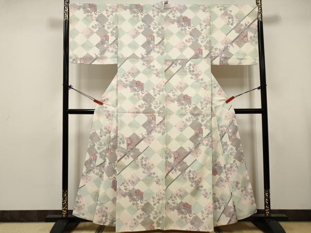 平和屋着物■上質な小紋　御所車格子花文　金彩　正絹　逸品　DABK6252qa