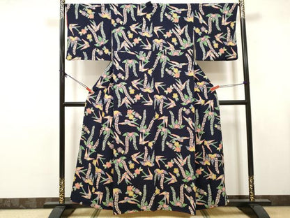 平和屋着物■上質な小紋　型染　花鳥文　鬼しぼ縮緬　正絹　逸品　DABK6259qa