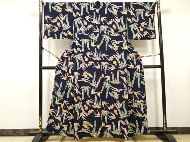 平和屋着物■上質な小紋　型染　花鳥文　鬼しぼ縮緬　正絹　逸品　DABK6259qa